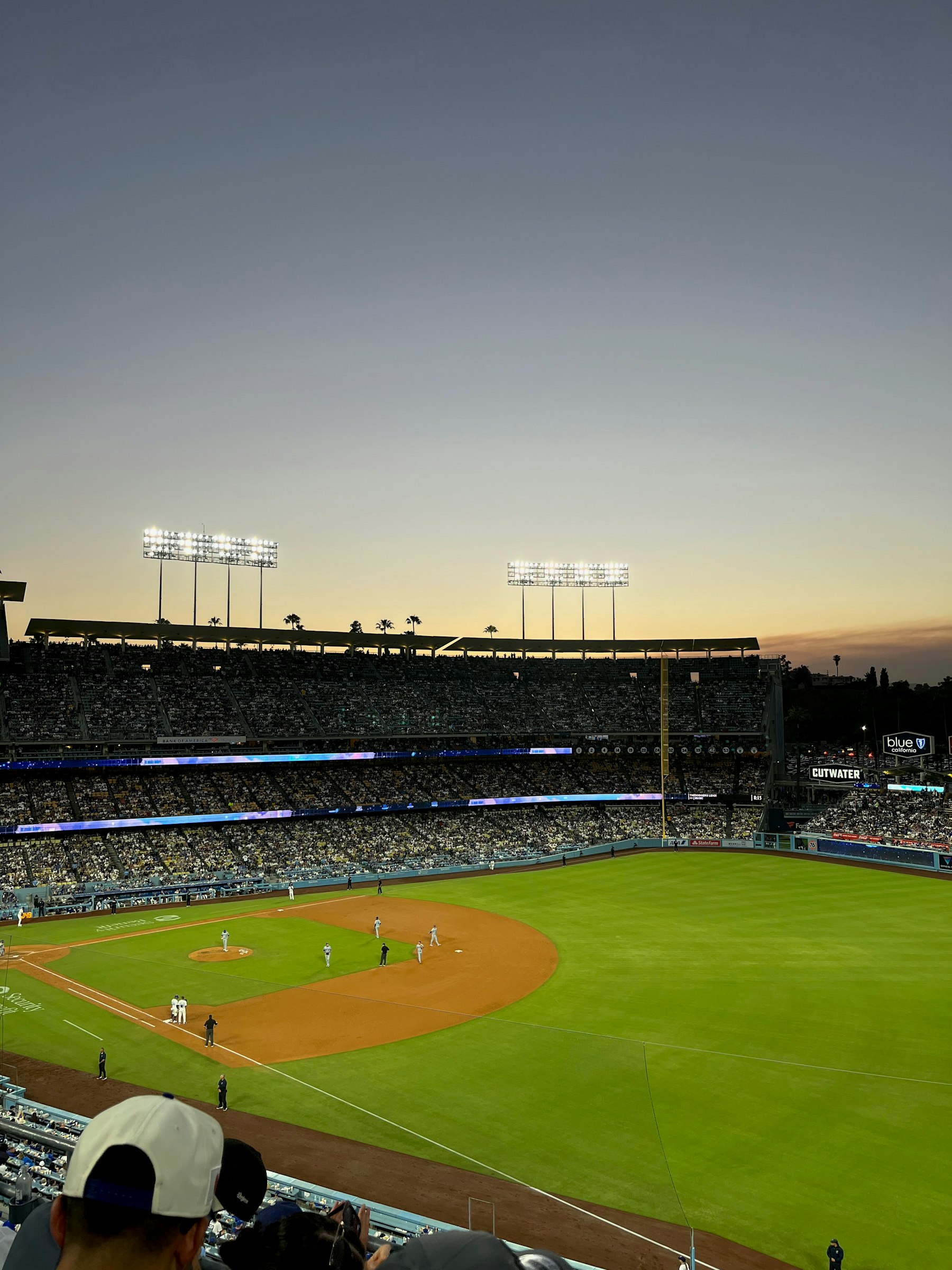 Dodger Stadium at dusk for Braves vs Dodgers NLDS coverage