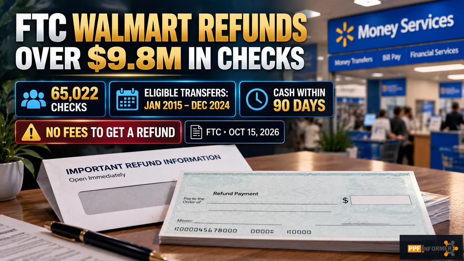 FTC Walmart refunds 2026 featured news graphic showing over $9.8 million, 65,022 checks, 90-day cash deadline and fraud warning