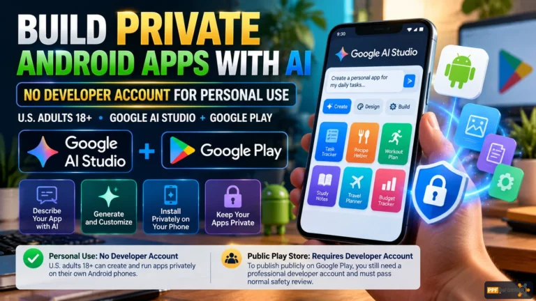 Google Play private AI apps illustration showing Android phone and Google AI Studio personal app creation for U.S. adults