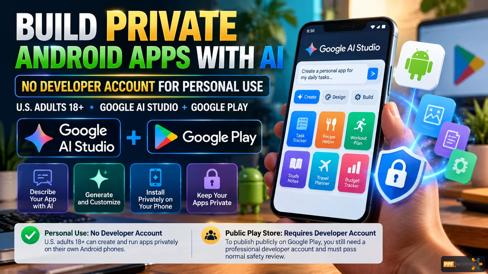 Google Play private AI apps illustration showing Android phone and Google AI Studio personal app creation for U.S. adults