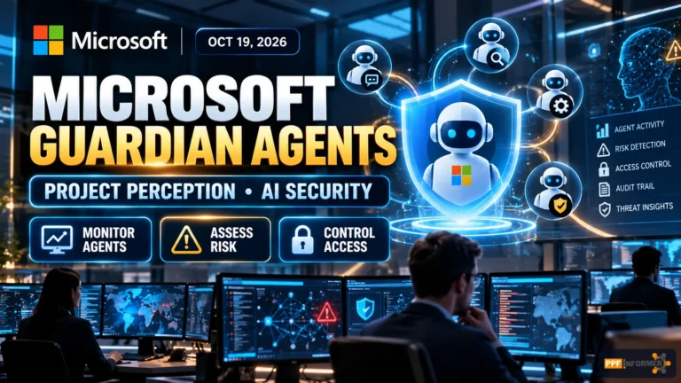 Microsoft Guardian Agents 2026 Project Perception conceptual illustration of enterprise AI agent monitoring and security access controls
