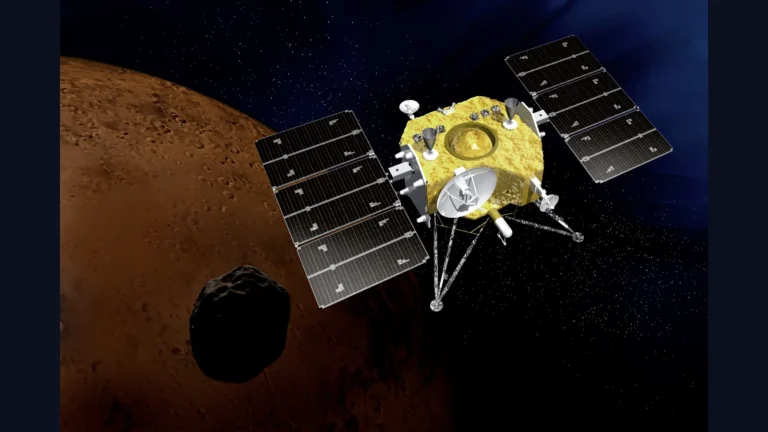 MMX Mars moons mission 2026 artist concept showing JAXA spacecraft approaching Phobos with Mars in background