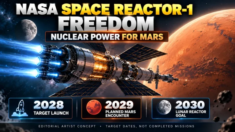 NASA Space Reactor-1 Freedom 2026 artist concept showing nuclear electric spacecraft and planned 2028 Mars mission