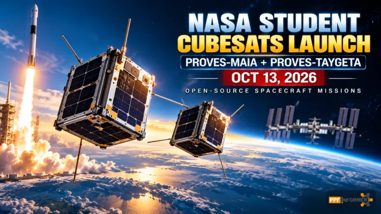 NASA student CubeSats launch 2026 concept illustration with PROVES-Maia and PROVES-Taygeta satellites, Earth and spacecraft launch