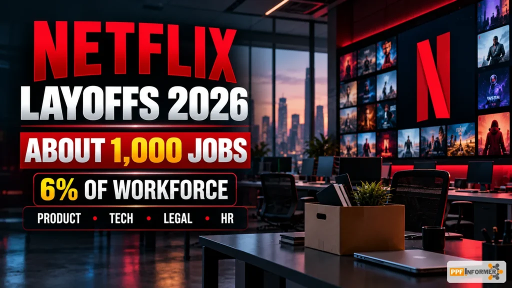 Netflix layoffs 2026 editorial graphic showing about 1,000 jobs, 6 percent of workforce and affected product, technology, legal and HR teams