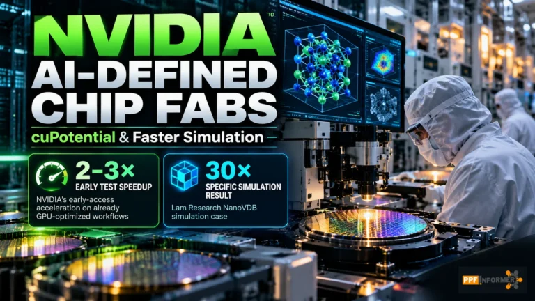NVIDIA AI-defined chip fabs editorial image of a semiconductor cleanroom, wafer inspection and cuPotential simulation speed claims