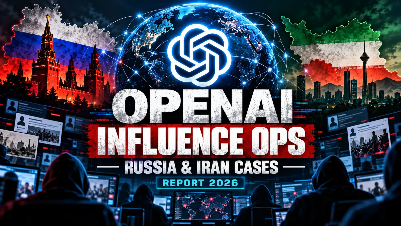 OpenAI influence operations 2026: Russia and Iran linked cases editorial illustration