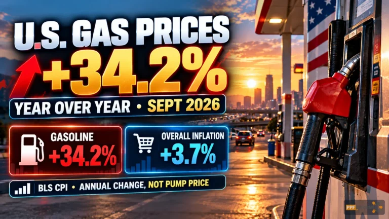 U.S. gasoline prices September 2026 rose 34.2 percent year over year versus 3.7 percent overall inflation BLS CPI graphic