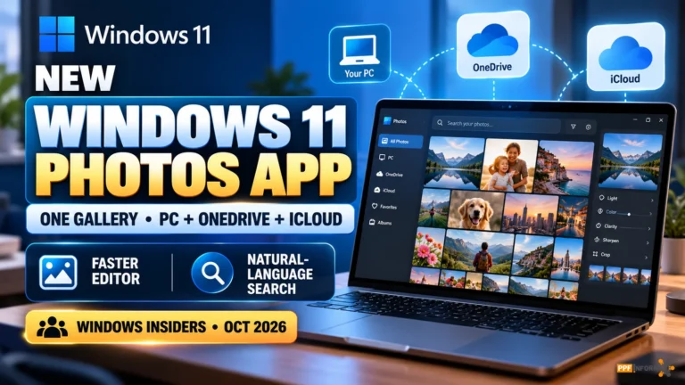 Windows 11 Photos app 2026 redesigned gallery illustration showing PC OneDrive and iCloud libraries and improved editing tools